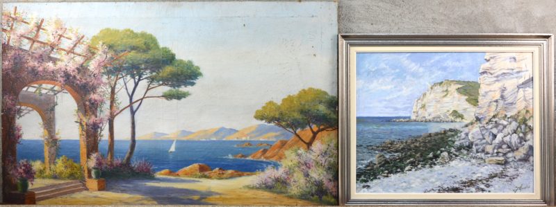 “Mediterraans kustzicht” & “Rotskust”. Twee olieverfschilderijen, resp. op doek en paneel. Gesigneerd ‘Amable’ & ‘Huydts’.