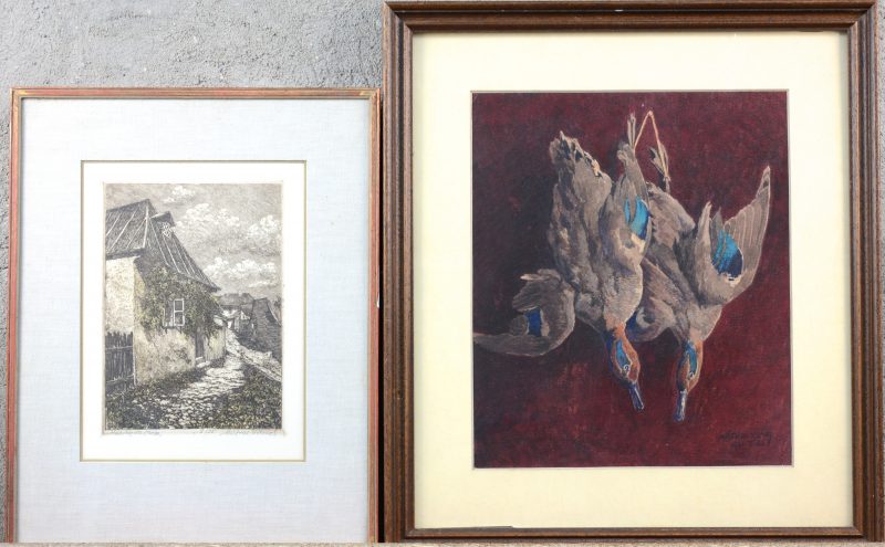 “Jachtstilleven met eenden”. Aquarel op papier. Gesigneerd en gedateerd 1921. We voegen er een ets van de zelfde kunstenaar getiteld ‘Holdvilagutca’ en genummerd 8/35.