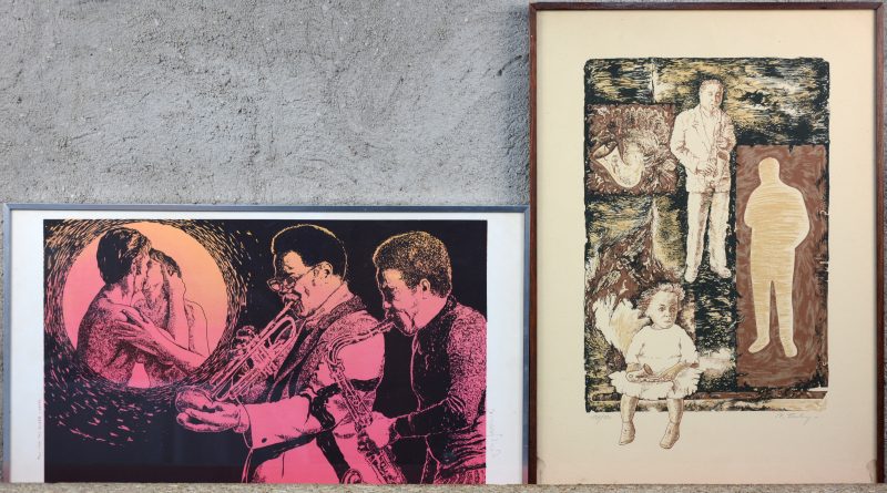 “Two for the blues” & “Saxofoonspelers”. Twee lithografieën, resp. van J. Jooris en P. Turkry. De tweede genummerd 257/330 en gedateerd 1978.