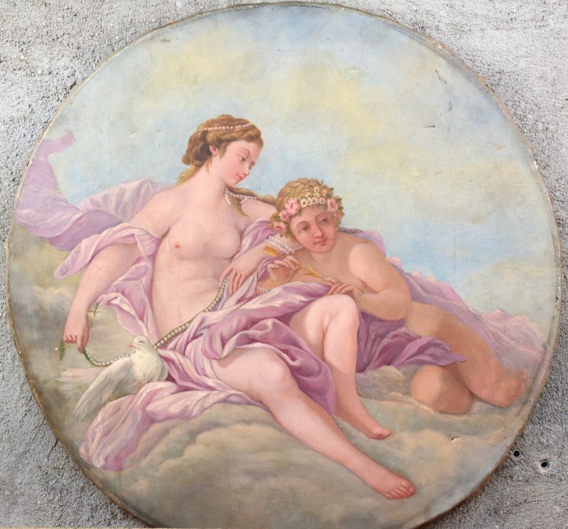 “Amor en Afrodite.” Cirkelvormig schilderij, olieverf op doek.