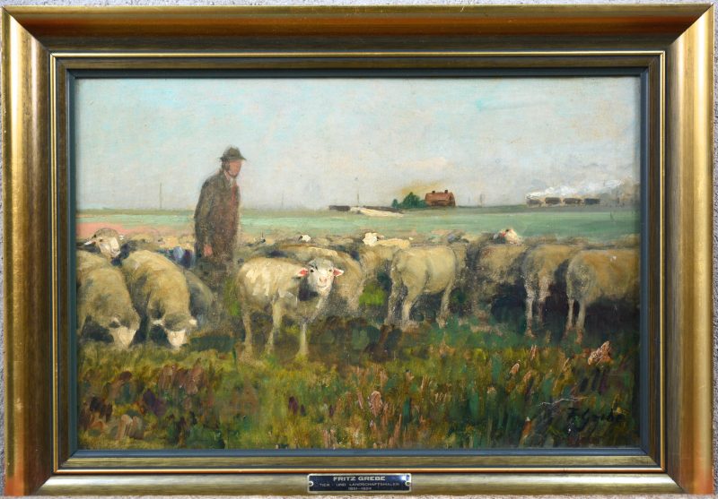 “Herder met schapen”. Olieverf op paneel. Gesigneerd.