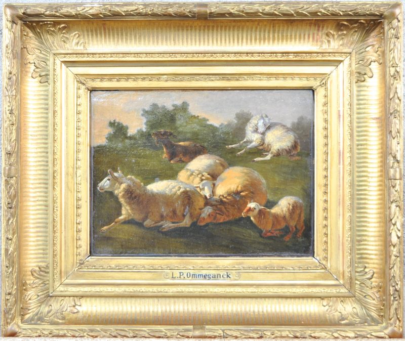 “Schapen en een geit”. Olieverf op doek. Vlaamse school, XIXe eeuw. Herdoekt.
