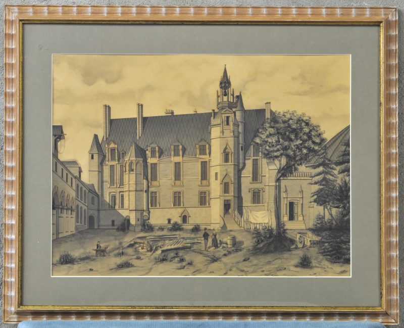“Het bisschoppelijk paleis te Beauvais”. Potlood en aquarel op papier. Gemonogrammeerd. Omstreeks 1830.