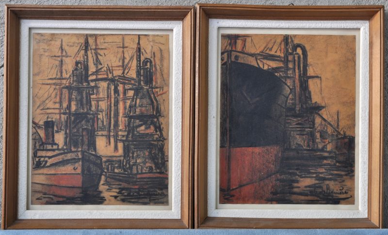 Twee pastels met zichten op de Antwerpse haven. Gesigneerd Deligière (?). Begin XXste eeuw.