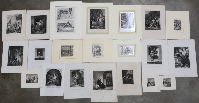 Een lot gravures, waarbij 8 exemplaren met als thema gevangenis en 13 exemplaren met als thema beroepen.