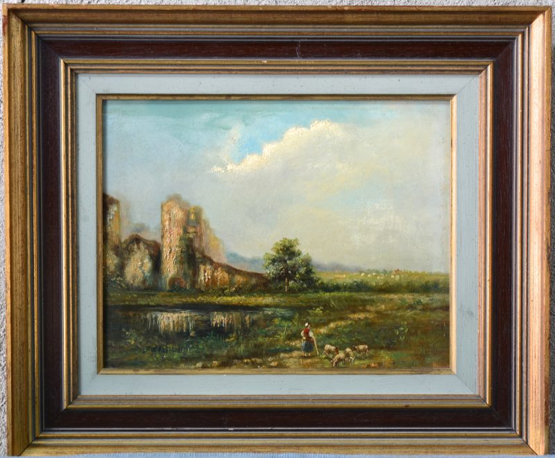 “Herderin in een landschap met ruïne”. Olieverf op paneel. Eerste helft XIXe eeuw.