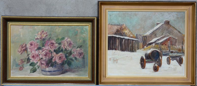 “Neerhof in de sneeuw” & “Stilleven met rozen”. Olieverf op doek. Beide gesigneerd en resp. gedateerd 1956 & 1955.