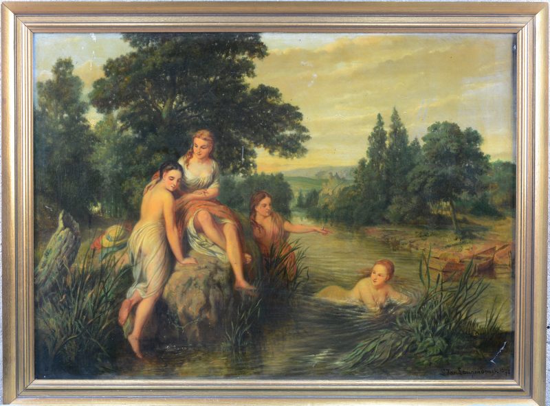 “omantisch landschap met vier badende dames”. Olieverf op doek. Gesigneerd en gedateerd 1877. Kleine beschadiging links bovenaan.