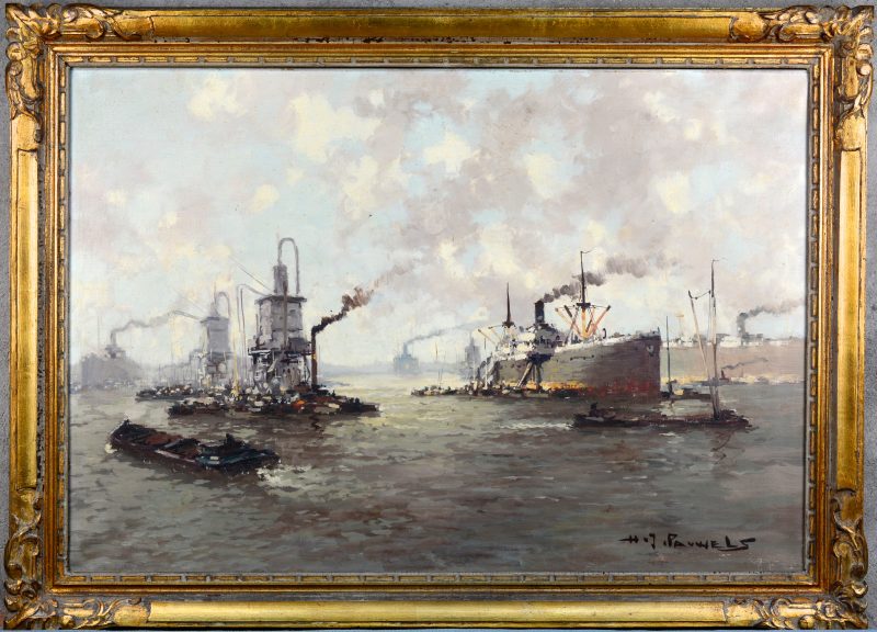 “Stoomschepen in de haven van Antwerpen. Olieverf op doek. Gesigneerd.