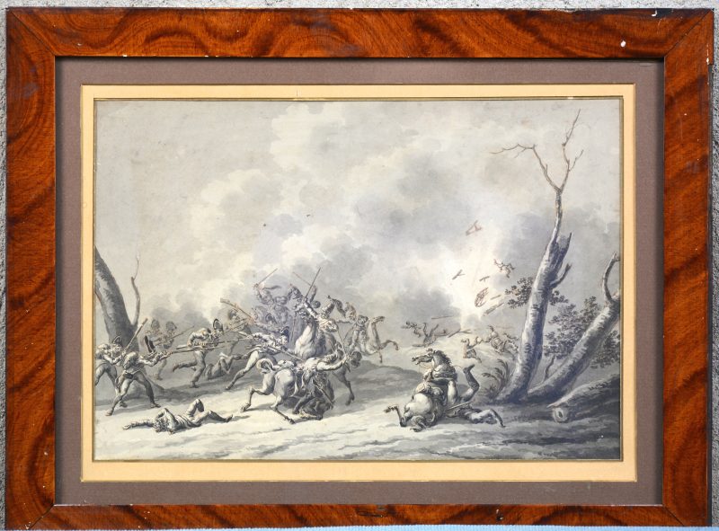 “Napoleontische veldslag tussen Franse infanterie en Oosterijkse cavalerie.” Circa 1800. Fijne aquarel op papier.