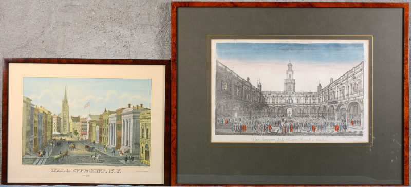 “Wall street, New York” & “Vue de la Bourse Royale à Londres. een lythografie en een XIXe eeuwse gravure.