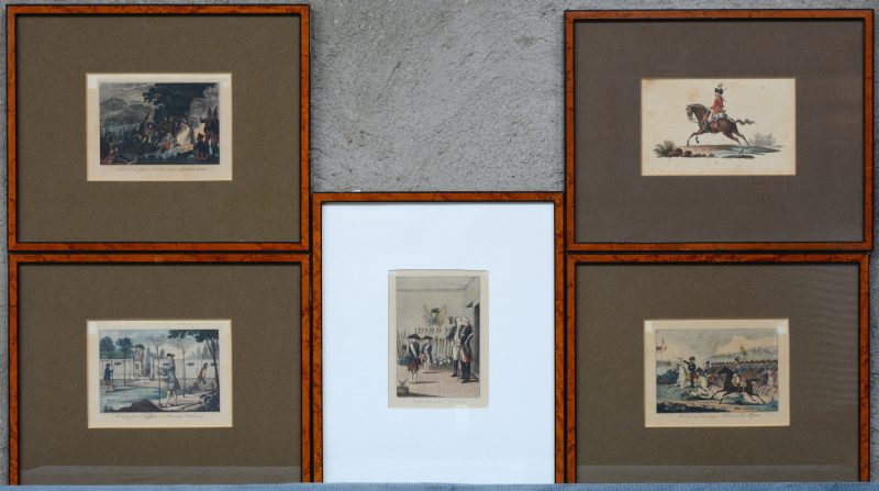 Serie van 5 ingelijste en ingekleurde gravures met militaire acties van Friedrich der Große.