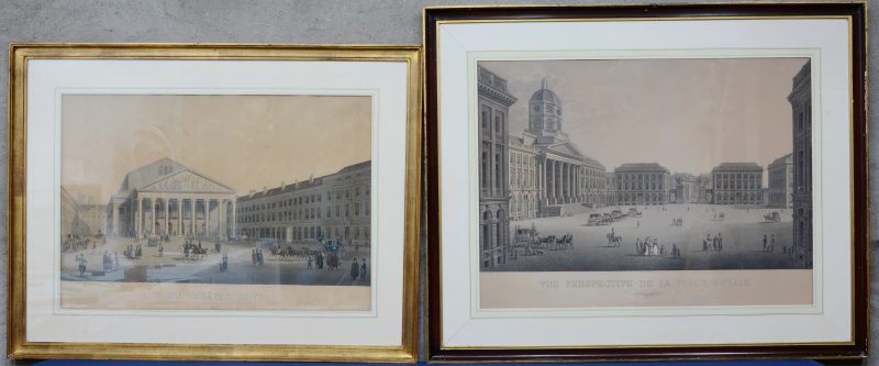 “Vue perspective de la Plaçe Royale” & “Vue du théâtre Royal.” Twee gravures naar ontwerpen van Jansens en Madou. Omstreeks 1830.
