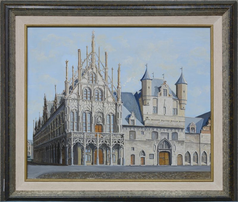 “Zicht op het stadhuis van Mechelen”. Olieverf op paneel. Gesigneerd en gedateerd ‘92.