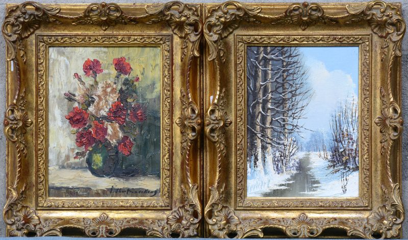 Twee kleine schilderijen met resp. Een winters landschap en een bloemenstilleven. Olieverf op doek. Beide gesigneerd. Resp. Gesigneerd Verkerk en Slootmaeckers.