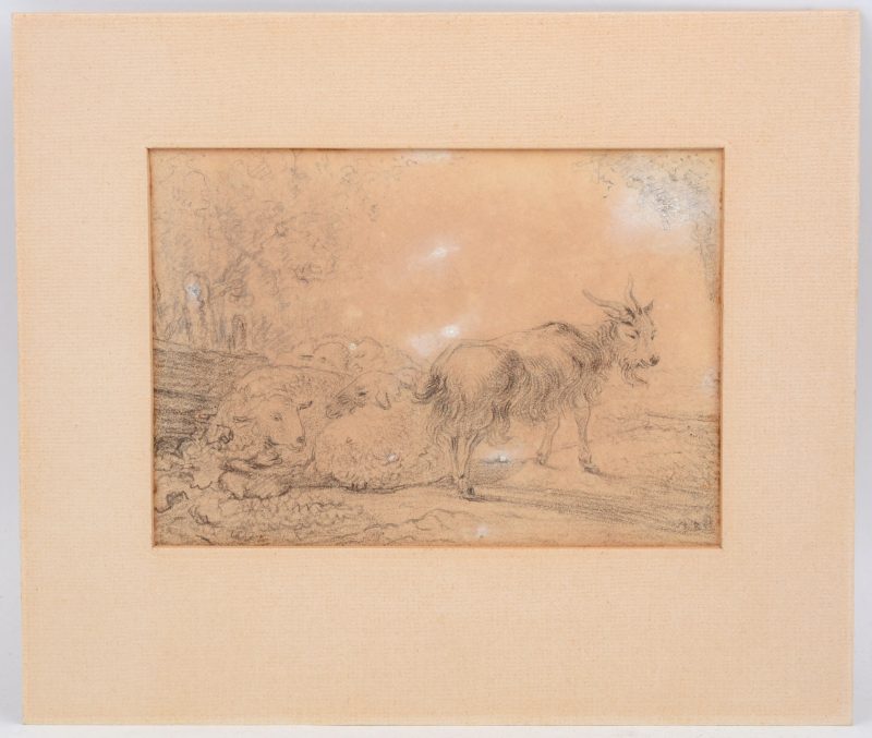 Een potloodstudie met een schaap en een geit op papier. Onleesbaar gemonogrameerd. XIXe eeuw.