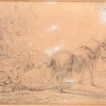 Een potloodstudie met een schaap en een geit op papier. Onleesbaar gemonogrameerd. XIXe eeuw.