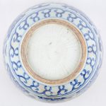 Een kleine fishtank van Chinees porselein met een blauw en wit decor van vissen.