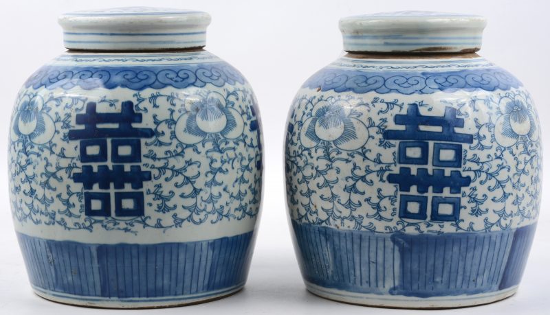 Een paar gemberpotten van blauw en wit Chinees porselein met een decor eeuwige levenstekens.