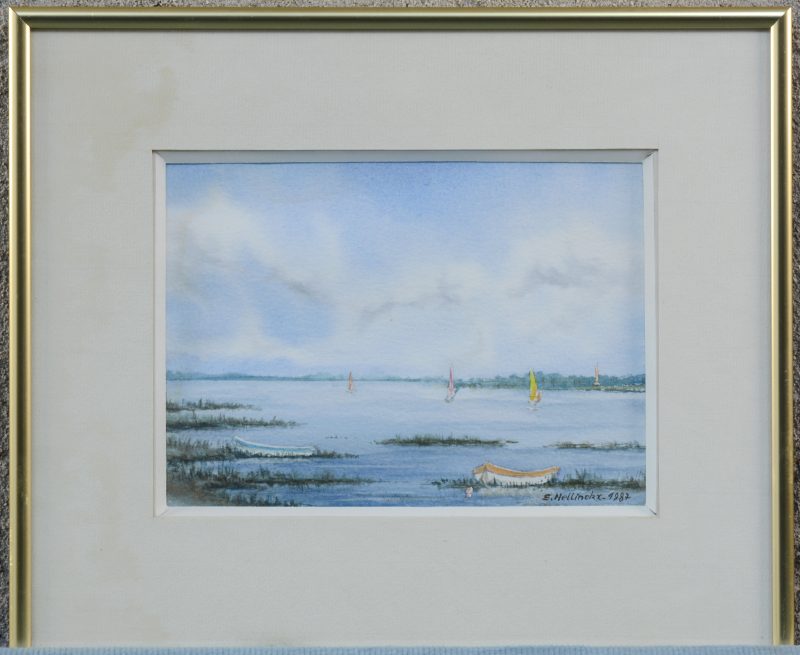 “Zeilboten op het meer”. Aquarel op papier. Gesigneerd en gedateerd 1987.