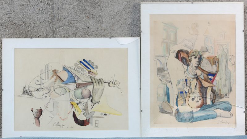 Paar surrealistische tekeningen gehoogd met aquarel. Gesigneerd en één exemplaar gedateerd 1979. Glazen gebroken.