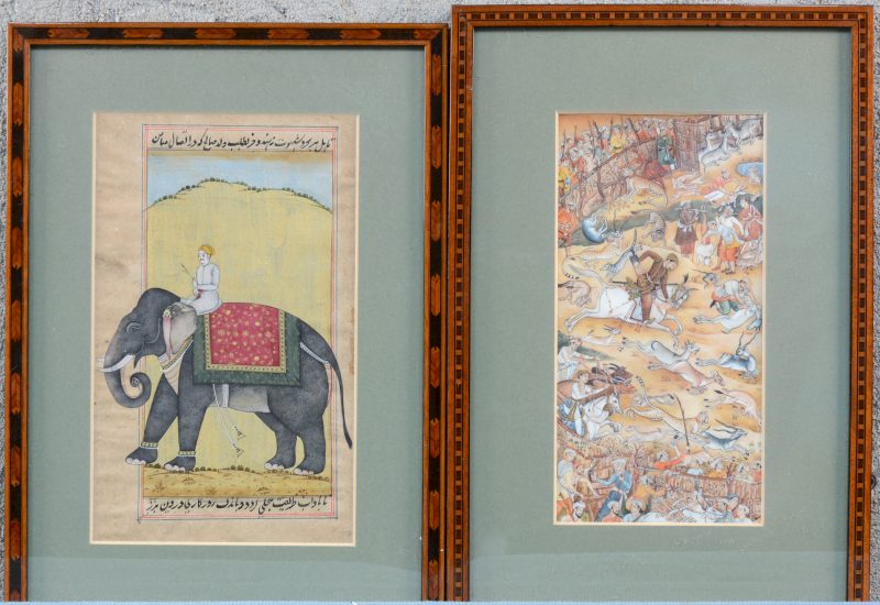 Twee lijstjes:- Een Indische jachtscène op ivoor. 22 x 11 cm- Een olifant met zijn drijver. Boven en onderaan een Arabische tekst. Gouache op papier. 23 x 14 cm.