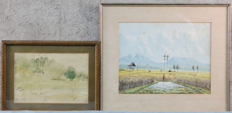“Vijver” en “Rijstvelden”. Twee aquarellen op papier. Gesigneerd A. Durain en Kandi.