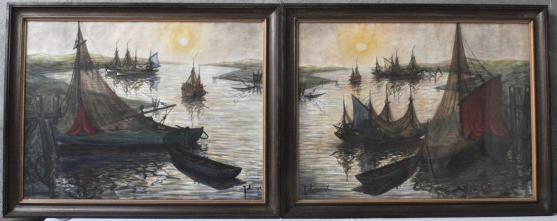 “Haven van Nieuwpoort”. Twee aquarellen. Gesigneerd.