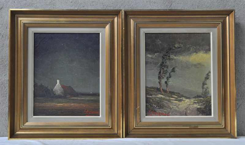 “Heidelandschap” en “Hoeve”. Twee schilderijen op doek. Gesigneerd.