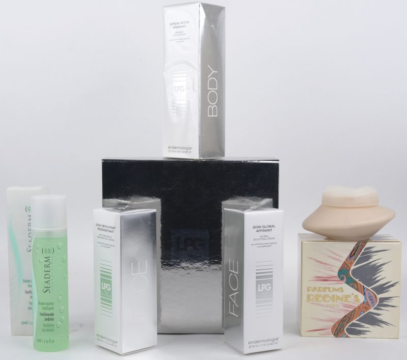 Een body lotions en een geparfumeerde body crème van 150 ml, 200 ml en drie verschillende verzorgings kits van LPG.