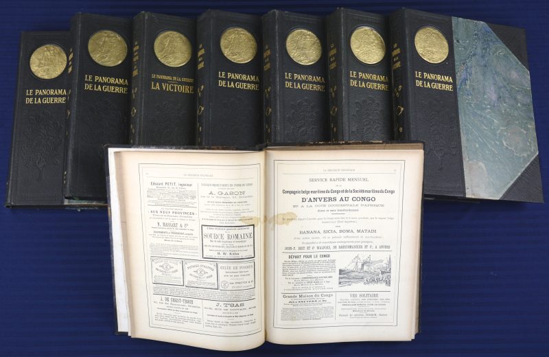 “Le panorama de la guerre”. Serie van zeven boeken. Ed. Librairie Illustrée Jules Tallandier. Paris. We voegen er een ingebonden reeks van “La Belgique Coloniale uit 1898 aan toe.