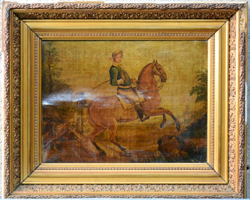 “Ruiter te paard”. Olieverf op gemaroufleerd doek. XVIIIe eeuw.