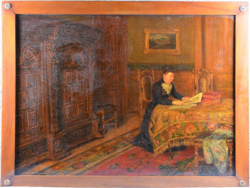 “Lezende dame in een interieur”. Olieverf op doek. Gesigneerd en gedateerd 1900.