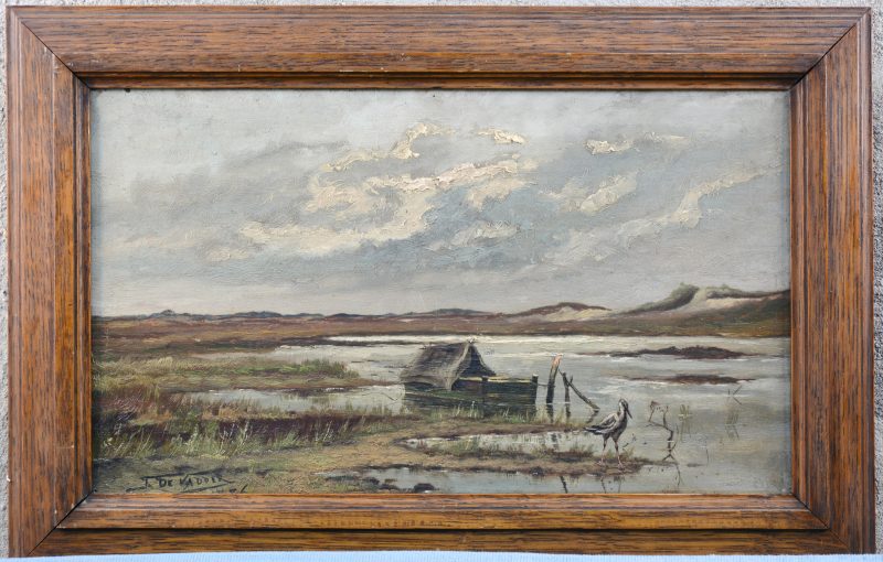 “Reiger bij een meer”. Olieverf op paneel. Gesigneerd en gedateerd 1886.