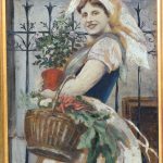 “Jonge vrouw met bloemen en groenten”. Olieverf op paneel. Niet gesigneerd.