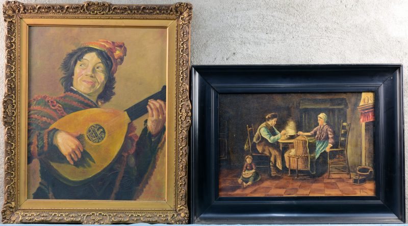 “De bard” & “Gezin in een interieur”. Resp. olieverf op doek en op steen. Het eerste nar een werk van Frans Hals.