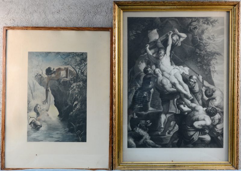 “De kruisoprichting” & “Naakten bij de rivier”. Twee lithografieên, resp. naar Rubens en Boydell.