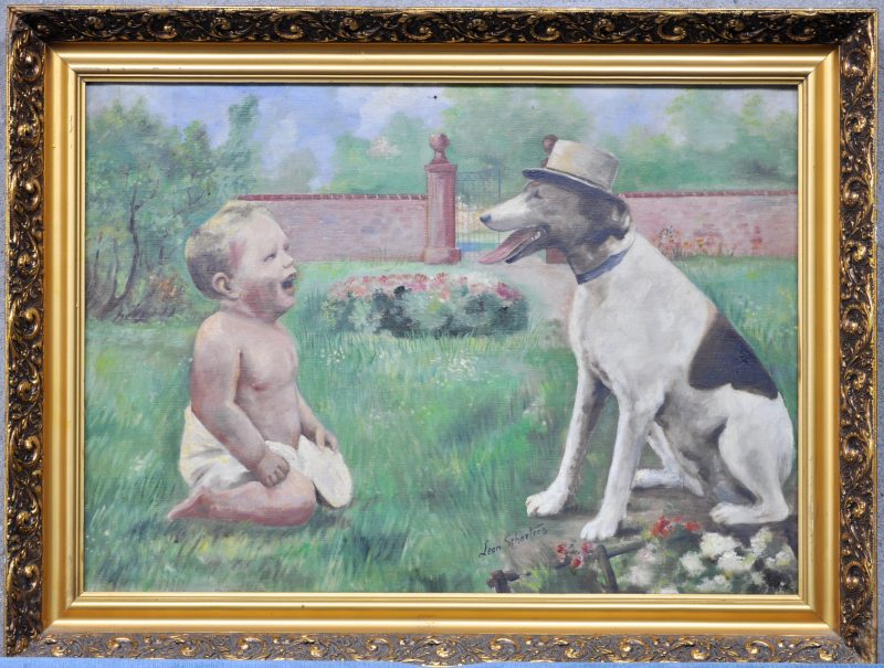 “Kind bij een hond met hoed”. Olieverf op doek. Gesigneerd.