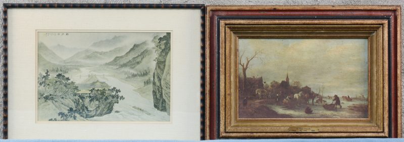 Een reproductie van een landschap van Van Ostade (16 x 26 cm) en een reproductie van een Japanse prent (18 x 26 cm).