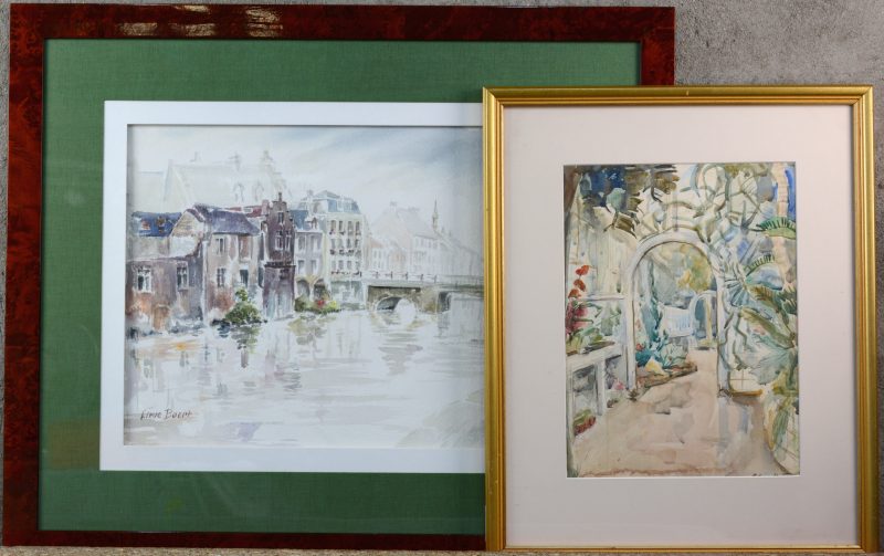 “Serre” & “Stadszicht”. Twee aquarellen, resp. gesigneerd Barbara Van Houten en Lieve Baert.