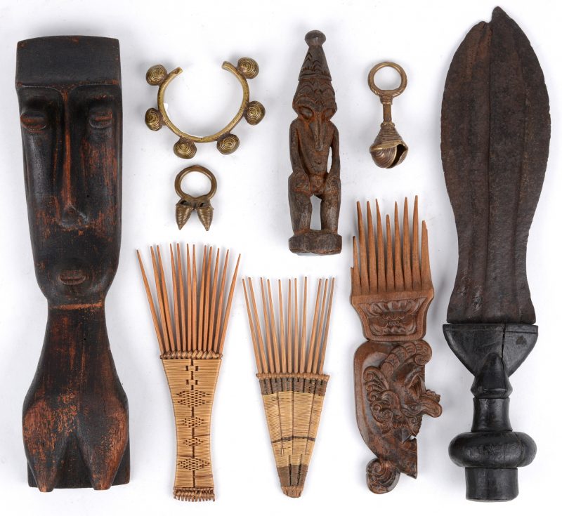 Een lotje etnisch varia, bestaande uit een beeldje uit Oceanië een beeldje van de Sepik uit Nieuw Guinea, een Indonesisch en twee Afrikaanse kammetjes, een Kubames en drie Senufo-sierraden uit Ivoorkust.
