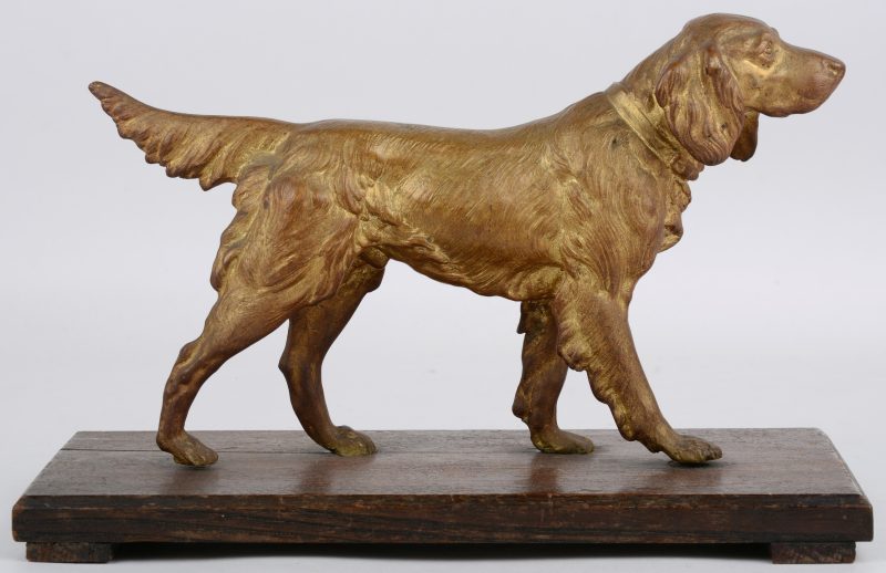 Een jachthond van gepatineerd brons op een houten voetstuk. Omstreeks Begin XXe eeuw.