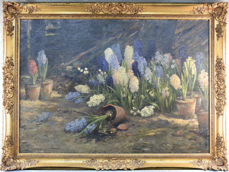 “Hyacinten in de tuin”. Olieverf op doek. Gesigneerd en gedateerd Antwerpen, 1898.