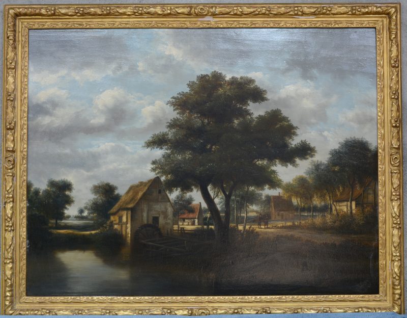 “Boslandschap met met twee bomen op de voorgrond”. Olieverf op paneel. Hollandse school, XIXe eeuw. Draagt handtekening ‘Hobbema’.