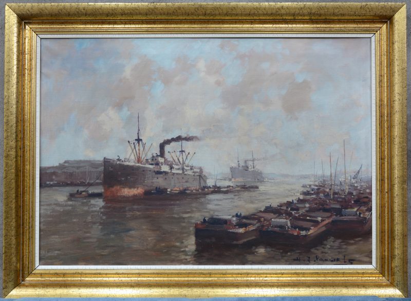“Stoomschepen in de haven van Rotterdam”. Olieverf op doek. Gesigneerd.