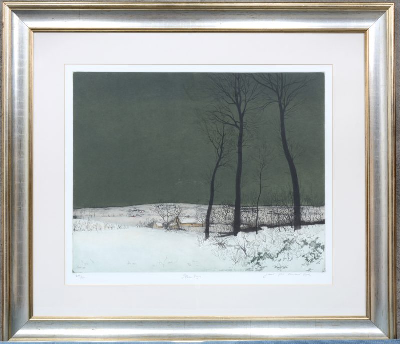 “Winters landschap”. Een lithografie naar een werk van Pirron. Gesigneerd en genummerd 197/250 buiten de plaat.