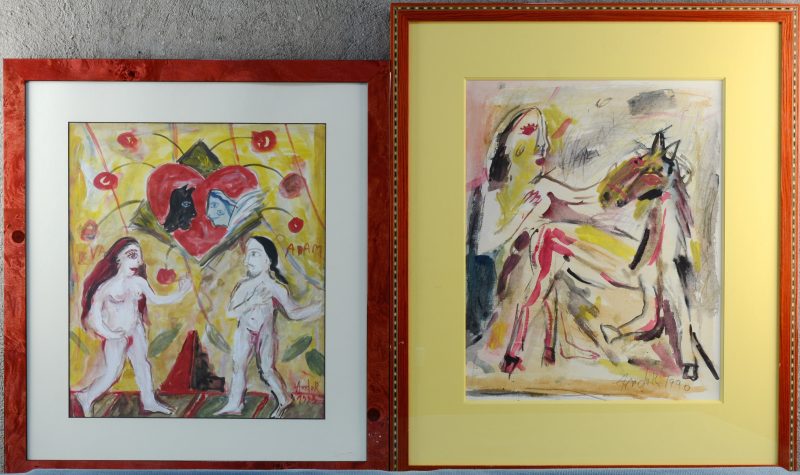 “Adam & Eva” & “Traditionele carnavalsscène”. Een paar aquarellen op papier. Gesigneerd en resp. gedateerd 1993 & 1990.