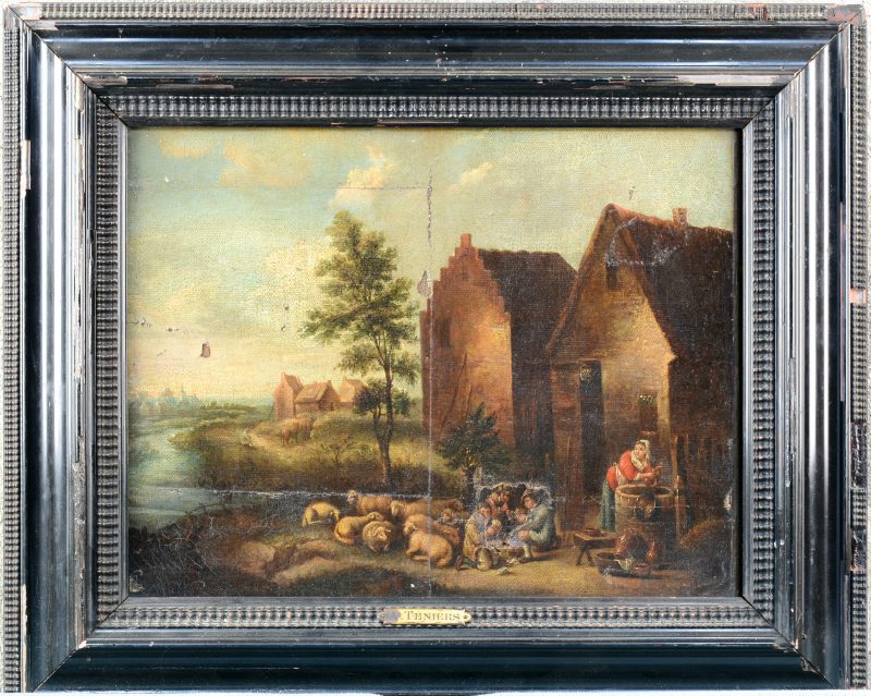 “Kaartende herders.” Olieverf op doek naar David Teniers. Zwaar beschadigd.