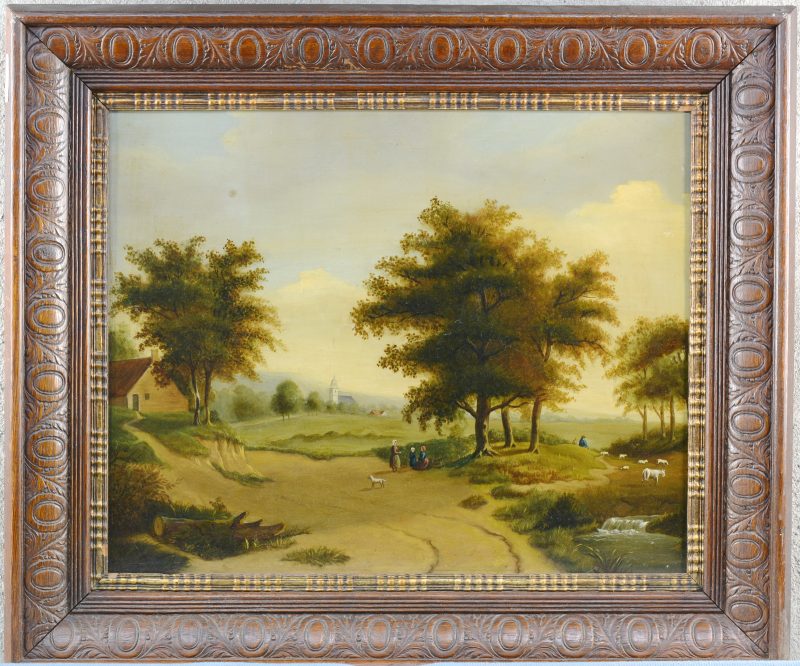 “Landschap”. Olieverf op paneel. Vlaamse School, XIXde eeuw.