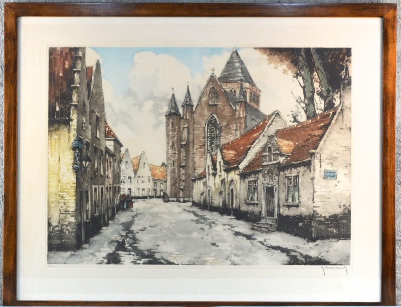 “Geerwijnstraat te Brugge”. Een kleurenets. Gesigneerd en genummerd 116/350 buiten de plaat.